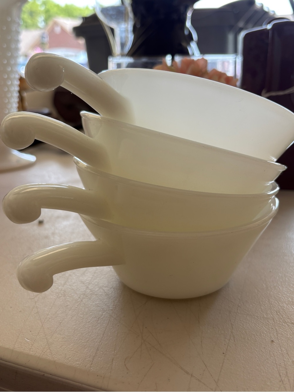 Vintage anchor hocking fire king Set of 4 White Milk Glass Handled Bowls